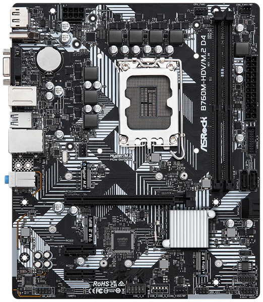 ASROCK B760M-HDV/M.2 D4, LGA1700, B760, 4*DDR4, HDMI+DP+D-Sub, 4xSATA3 6.0 (RAID), M.2 Socket, 4xUSB 3.2, 1xUSB2.0, Type-C, mATX; 90-MXBL40-A0UAYZ