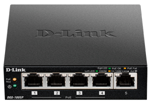 D-Link DGS-1005P/A1A Неуправляемый коммутатор с 5 портами 10/100/1000Base-T, функцией энергосбережения и поддержкой QoS (4 порта с поддержкой PoE 802.