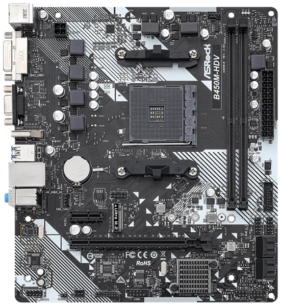 ASROCK B450M-HDV R4.0, AM4, B450, 4*DDR5, HDMI+D-Sub+DVI, 4xSATA3 6.0, M.2 Socket, 4xUSB 3.1, 2xUSB 2.0, mATX; 90-MXB9N0-A0UAYZ