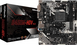 ASROCK B450M-HDV R4.0, AM4, B450, 4*DDR5, HDMI+D-Sub+DVI, 4xSATA3 6.0, M.2 Socket, 4xUSB 3.1, 2xUSB 2.0, mATX; 90-MXB9N0-A0UAYZ