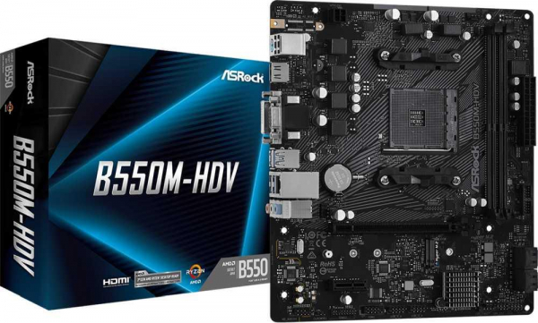 ASROCK B550M-HDV, AM4, B550, 2*DDR4, D-Sub+DVI-D+HDMI, 4xSATA3 6.0 (RAID), M.2 Socket, 4xUSB 3.2,  2xUSB 2.0, mATX; 90-MXBDJ0-A0UAYZ